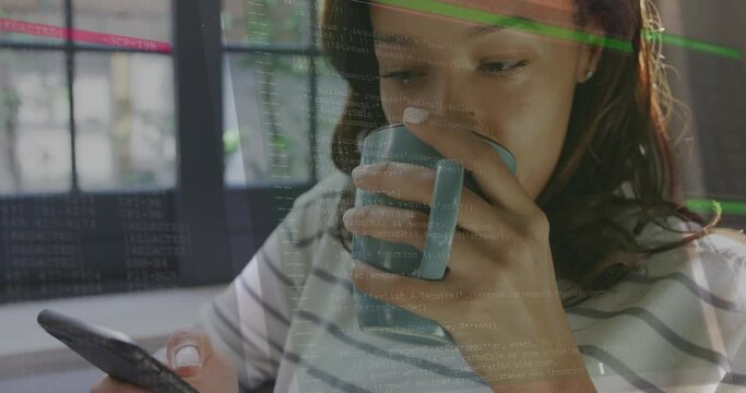Animation of data processing over woman using smartphone and drinkin tes at home