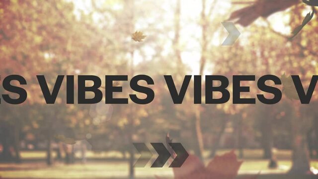 Animation of the words good vibes in black and white over sunlit autumn trees