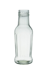 Empty, glass bottle without a lid. Designed for liquid drinks of milk or juice. Isolated on a white background.