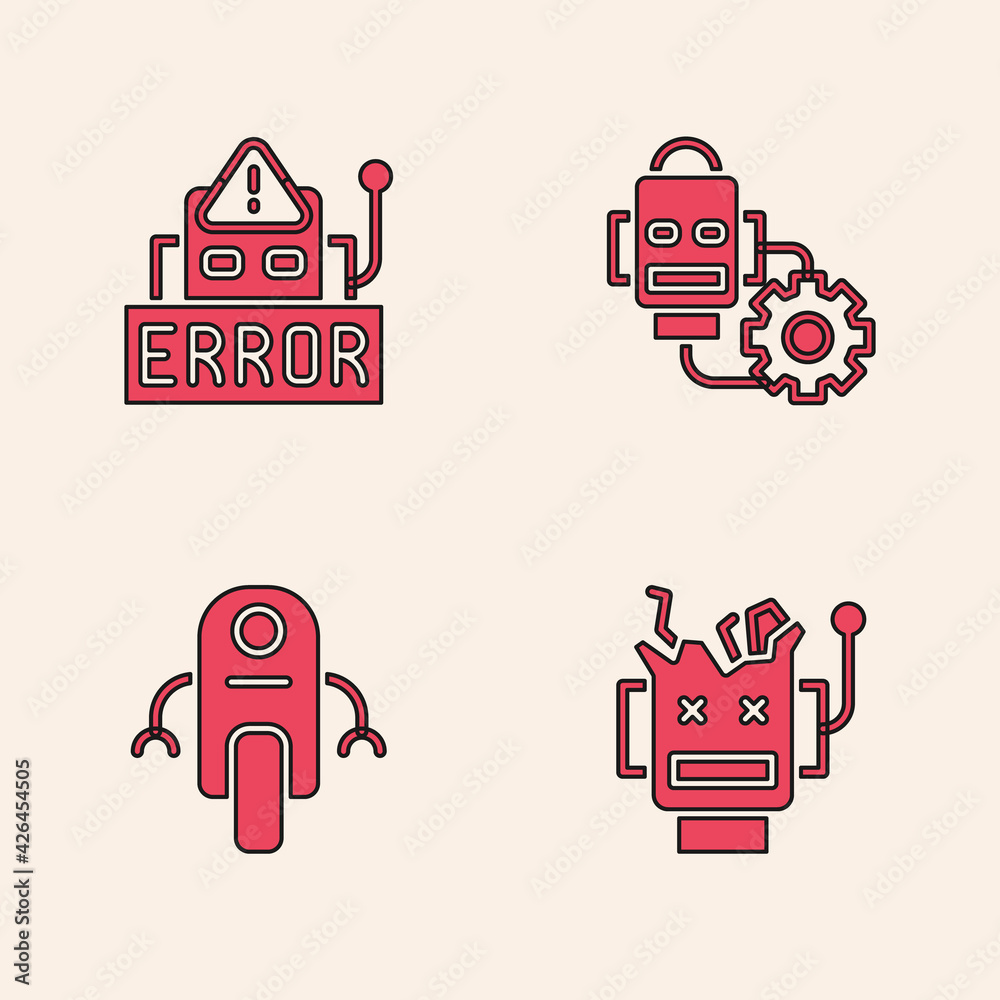 Poster set broken robot, error in, robot setting and icon. vector