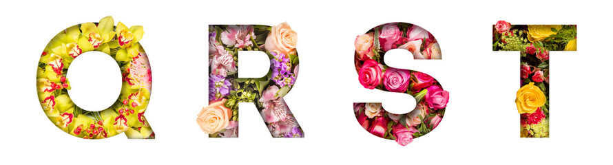 Naklejka na ściany i meble Floral letters. The letters Q, R, S, T are made from colorful flower photos. A collection of wonderful flora letters for unique spring decorations and various creation ideas