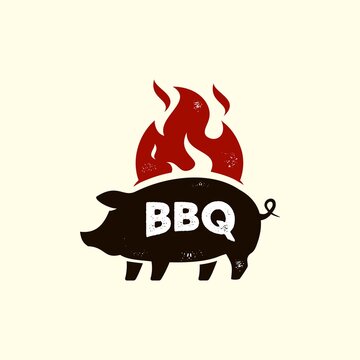 pig , pork on red fire flame mascot rustic Vintage logo icon template suitable for bbq grill restaurant and cafe food business