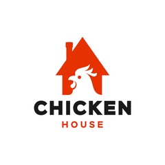 chicken house restaurant concept logo design vector icon, rooster head silhouette negative style with farm house symbol Illustration.