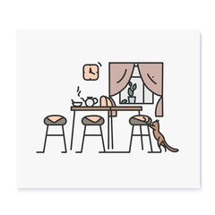 Kitchen interior color icon.Morning in kitchen room with teapot on table and cat.Home and domestic household concept.Kitchenware and furniture. Isolated vector illustration