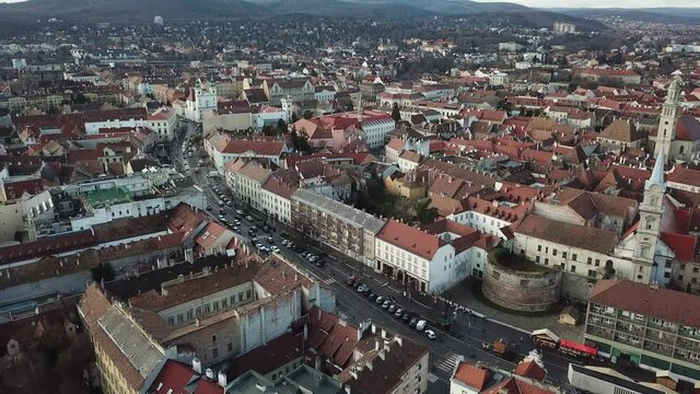 Cinematic aerial drone video of the charming quaint historical inner city, downtown of Sopron, a major tourist destination in Győr-Moson-Sopron County, Western Transdanubia in Northwestern Hungary