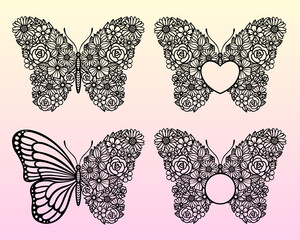Fototapeta premium Flower butterfly. Vector set. Split monogram for text. Insect silhouette. Template for laser and paper cutting, printing on a T-shirt, mug. Flat style. Hand drawn decorative element for your design.