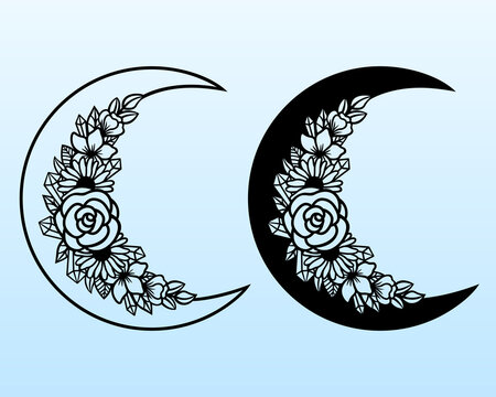 Vector floral crescent moon. Decorative illustration in boho style. Hand-drawn ethnic symbol. For paper and laser cutting, printing on T-shirts, mugs. Black mystical element for your design.