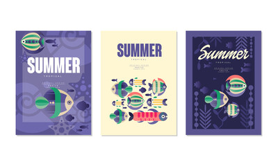 Summer Card Templates Set, Summer Holidays Banner, Poster Templates with Cute Tropical Fishes Vector Illustration