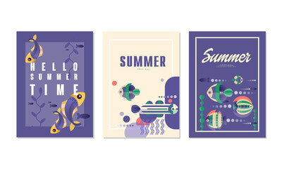 Hello Summer Time Cards Set, Summer Vacation, Sea, Travel Banner, Poster Templates with Cute Tropical Fishes Vector Illustration