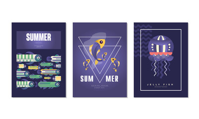 Summer Cards Set, Jellyfish Poster, Banner Templates, Wild Sea Life, Underwater World Concept Vector Illustration