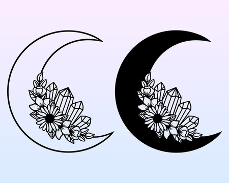 Vector crescent moon with flowers. Decorative illustration in boho style. Hand-drawn ethnic symbol. For paper and laser cutting, printing on T-shirts, mugs. Black mystical element for your design.