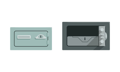 Security Metal Safes Set, Gray Steel Armored Boxes with Lock Key Vector Illustration