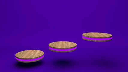 Wooden product stand futuristic or podium pedestal on empty display growing flashing light with purple backdrops. 3D rendering. seamless loop.