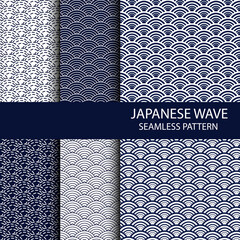Set of Traditional Japanese Folk Seigaiha seamless pattern in indigo colour.  Ocean wave background. Fish scale vector illustration. 