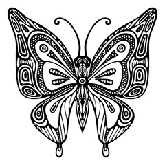 Vector Image of Fantasy Butterfly for Coloring book Antistress for children and adults. Illustration isolated on white background. Hand drawn Zen-tangle Outline style, black and white drawing