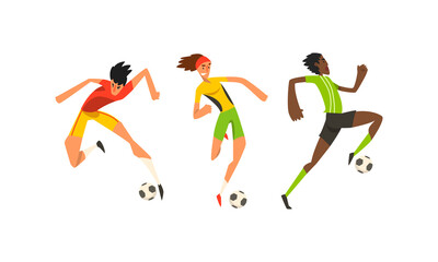 Fototapeta premium Soccer Players Set, Male Athletes Characters in Sports Uniform Kicking Ball Vector Illustration