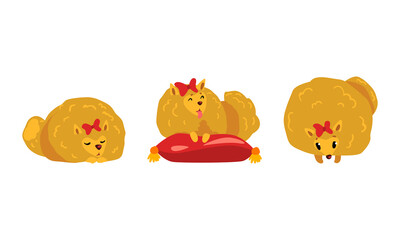 Cute Fluffy Dog with Red Bow Set, Adorable Spitz Pet Animal Activity Vector Illustration