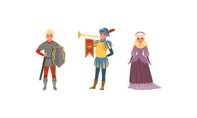 Obraz premium Medieval Characters Dressed Ancient Clothes Set, Royal Herald with Trumpet, Warrior, Noble Lady Vector Illustration
