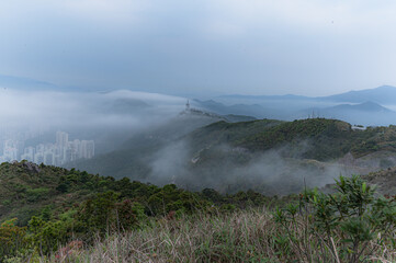 Beautiful misty morning landscape at Kowloon Peak, Hong Kong