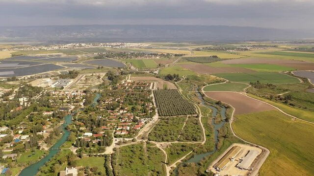 Nir David kibbutz close to Beit shean valley  with river, Aerial view
, drone view North Israel april 2021
