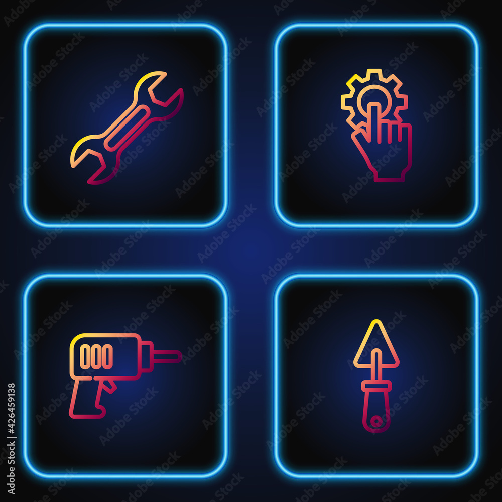 Sticker Set line Trowel, Electric drill machine, Wrench spanner and Settings the hand. Gradient color icons. Vector