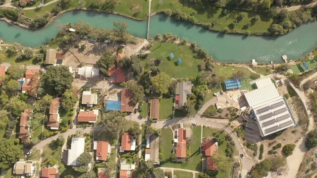 Nir David kibbutz close to Beit shean valley  with river, Aerial view
, drone view north Israel april 2021
