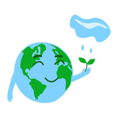 Earth holding a sprout in its hand under a rain cloud. Label, icon for Environment Day, Earth Day