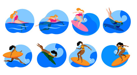 A girl in a swimsuit is surfing. A set of Vector icons or stickers in a flat style on the theme of surfing.