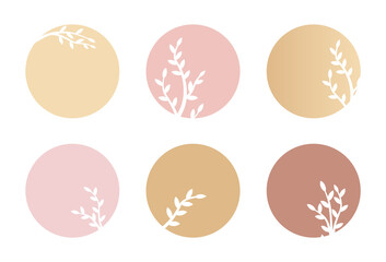 Set abstract account art background story highlight covers icons with branch leaves.Circle logo highlight pink for social media stories.Stylish design element for beauty shop,bloggers and cover.Vector