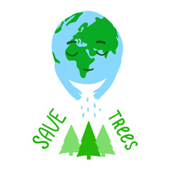 Earth Watering Trees and Lettering Save Trees. Label, icon for Environment Day, Earth Day