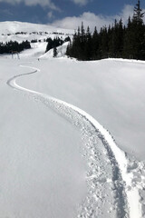A trail on the slope of the mountain slope left by a snowboarder