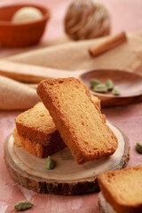 Healthy and Fresh Food -  Indian Milk Rusk Toast on Wooden Tray