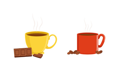 Obraz premium Hot Aroma Beverages, Ceramic Cups of Coffee and Chocolate Cartoon Vector Illustration