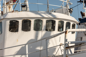Naklejka premium Wheel house of an old trawler ship..