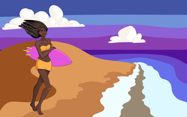 African american surfer girl on a tropical ocean shore. Beach summer evening. Beautiful black skin of a female surfer athlete. Sports and fun on a seaside. Extreme water sports with short board.