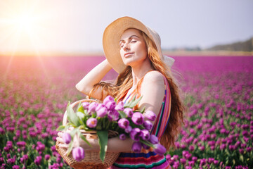 Beautiful red hair woman wearing in striped dress standing on colorful tulip flower fields in Amsterdam region, Holland. Magical Netherlands landscape with tulip field. Trevel and spring concept.
