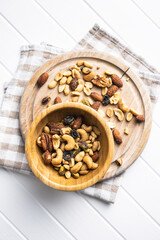Mix of salted nuts in wooden bowl.