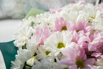 Bouquet of beautiful chrysanthemums.Beautiful Wallpaper of different chrysanthemum flowers. Chrysanthemums blossom season. Many flowers for sale in florist's shop