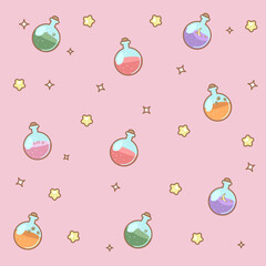 Cute pattern with a magic potion on a pink background.
