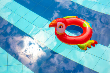 Floater with parrot shape at swimming pool with copy space.