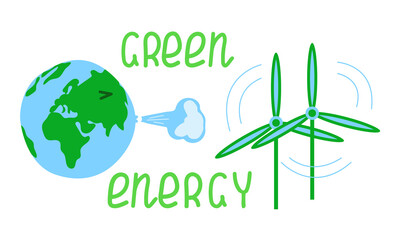 Earth blowing into wind generators, with lettering Green energy. Label, icon for Environment Day, Earth Day