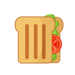 Toasted bread sandwich with lettuce and tomato, isolated icon on white background. Simple icon of fast food. Snack for cafes, restaurants, shops. Fast food symbol. Flat vector illustration	