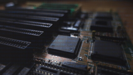 Horizontal banner of the computer motherboard. Concept of technologies and future engineering. Science and complexity on integrated PC circuit. Hardware background with a matte effect.