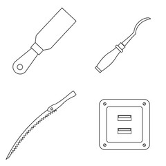 Obraz premium Set of work icons. Putty knife, chisel, handsaw, socket usb plug