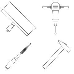 Set of work icons. Putty knife, mining hammer drill, chisel, hammer