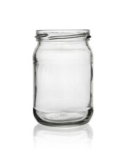 Empty, open jar of clear, colorless glass. Isolated on a white background with reflection.