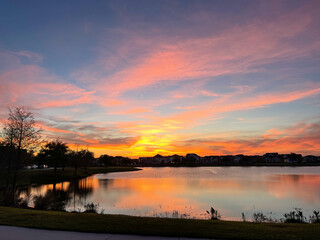 Beautiful pink, orange and blue sunset reflecting on a lake