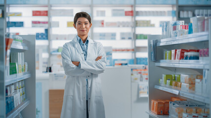 Pharmacy Drugstore: Portrait of Beautiful Asian Pharmacist Wearing White Coat, Standing with Crossed Arms, Looking at Camera and Smiling Charmingly, Behind Her Shelves Full of Medicine Packages