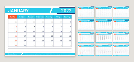 Calendar 2022 year. Week starts Sunday. Planner template. Vector. Calender layout. Table schedule grid. Yearly stationery organizer with 12 month. Horizontal monthly diary. Simple color illustration.