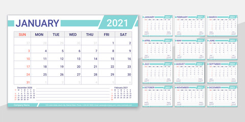 Calendar for 2021 year. Planner, calender template. Week starts Sunday. Vector. Yearly stationery organizer with 12 month. Horizontal monthly diary layout. Table schedule grid. Color illustration.